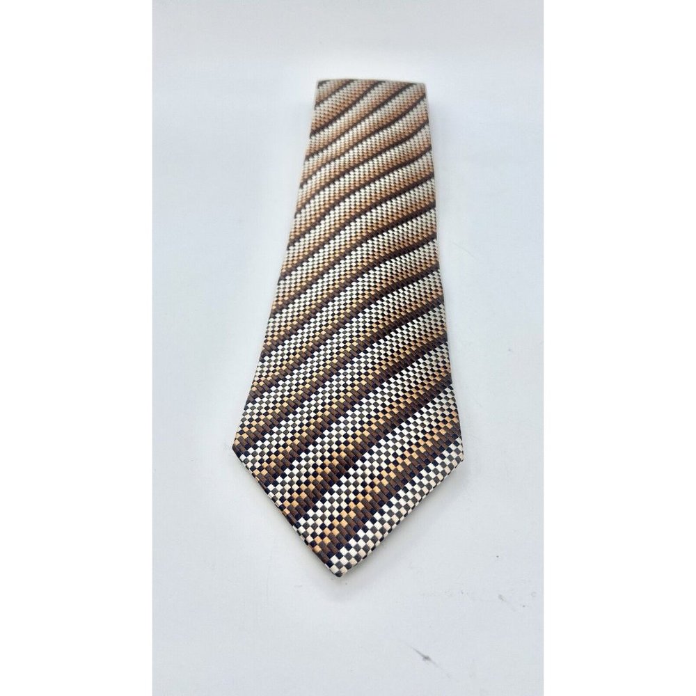 Valerio Garati Checkered Brown Yellow Mens Pure Silk HANDMADE 58”